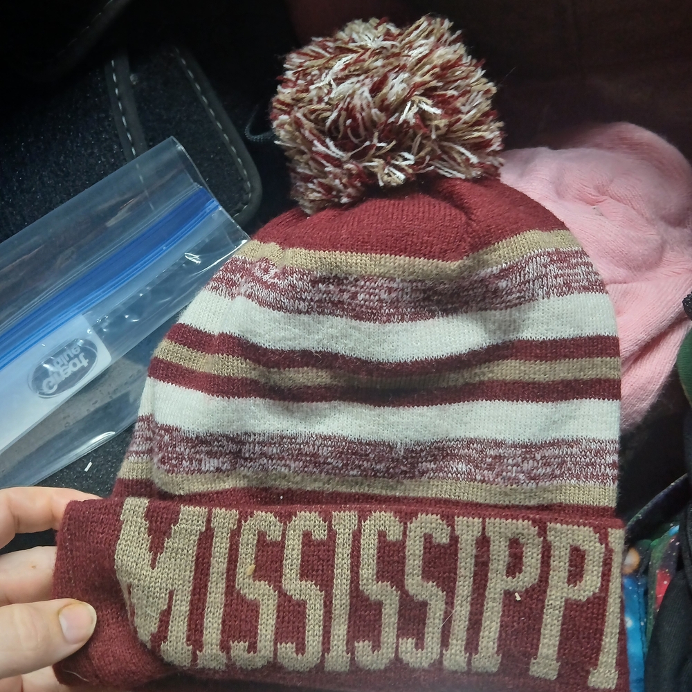 Striped Pom Pom Kids Beanie - Maroon & Cream